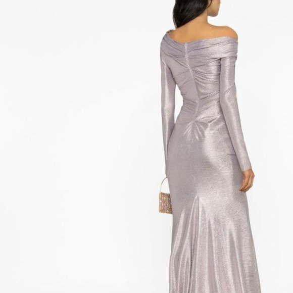 Talbot Runhof Off-shoulder Long Sleeve Silver Gown 36 - Picture 3 of 4